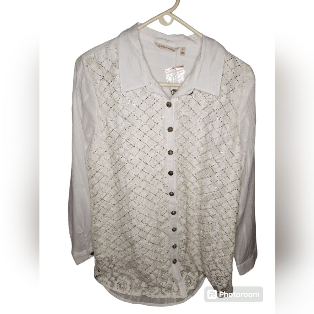 NWT Soft Surroundings Cadenza Beads Sequins Lace White Blouse Size L